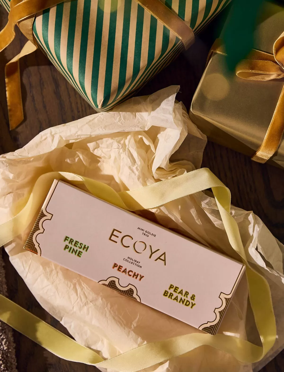 ecoya_mini_goldie_trio__fresh_pine_pear__brandy_peachy_2.webp Papinelle Ecoya Mini Goldie Trio - Fresh Pine, Pear & Brandy, Peachy